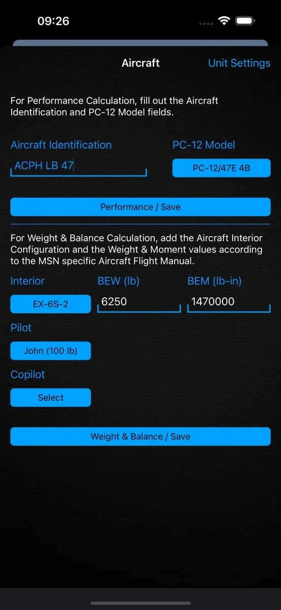 Screenshot Pilatus PC-12 Calculator